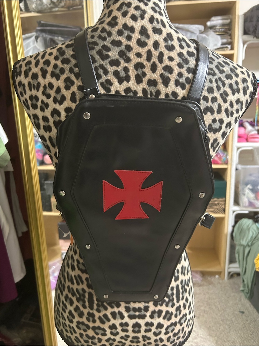 Black Faux Leather Coffin Pack with Red Cross Accent